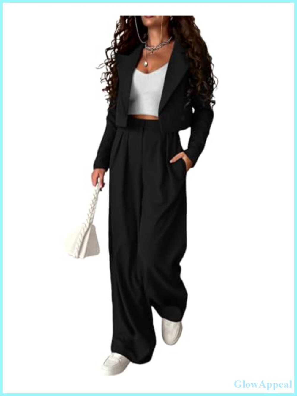 Women's 2 Piece Cropped Blazer and Wide Leg Pants Suit Set Business Casual